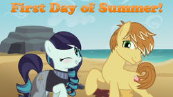 Size: 2063x1161 | Tagged: safe, coloratura, feather bangs, beach, colorabangs, female, lyrics in the description, male, ocean, one eye closed, sheryl crow, shipping, smiling, soak up the sun, song reference, straight, summer, vacation, wink, youtube link