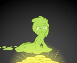 Size: 2900x2400 | Tagged: safe, artist:parallel black, oc, oc:slymra squishybubbles, goo, goo pony, original species, bits, digital art, glow, gradient background, slime trail, smooze pony, solo, squishy, treasure