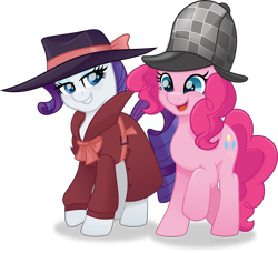 Size: 4390x4000 | Tagged: safe, artist:limedazzle, derpibooru import, pinkie pie, rarity, earth pony, pony, unicorn, absurd resolution, deerstalker, detective, detective rarity, fedora, hat, movie accurate, shadow spade, sherlock holmes, simple background, transparent background