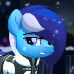 Size: 500x500 | Tagged: safe, artist:bastbrushie, artist:jhayarr23, oc, oc only, oc:brushie brusha, earth pony, pony, robot, robot pony, collaboration, android, animated, city, cityscape, clothes, cosplay, costume, detroit: become human, earth pony oc, gif, loop, night, rk900, snow, solo