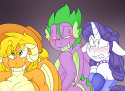 Size: 1754x1277 | Tagged: safe, artist:blackbewhite2k7, derpibooru import, applejack, rarity, spike, anthro, dragon, pony, unicorn, abstract background, angry, applejack's hat, applerack, applespike, bipedal, blushing, breasts, cheating, clothes, commission, cowboy hat, cross-popping veins, distracted boyfriend meme, dragonified, dragonjack, female, hat, jewelry, male, mare, necklace, nudity, older, raritits, shipping, sparity, species swap, straight