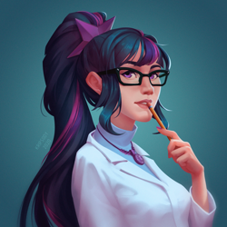 Size: 1920x1920 | Tagged: safe, artist:kripsody, derpibooru import, sci-twi, twilight sparkle, human, equestria girls, bust, clothes, female, geode of telekinesis, glasses, human coloration, humanized, jewelry, lab coat, magical geodes, necklace, pencil, ponytail, solo