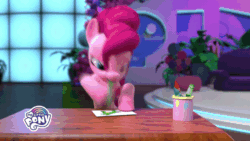 Size: 800x450 | Tagged: safe, derpibooru import, screencap, gummy, pinkie pie, alligator, earth pony, pony, hello pinkie pie, 3d, animated, beret, bring home the fun, chair, crayon, cup, drawing, easel, facial hair, gif, hat, looking at you, moustache, my little pony logo, paintbrush, painting, shocked, stage, stool, table
