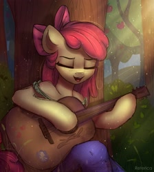 Size: 2600x2900 | Tagged: safe, artist:reterica, apple bloom, earth pony, semi-anthro, adorabloom, apple, apple tree, clothes, crepuscular rays, cute, dexterous hooves, eyes closed, female, food, freckles, guitar, high res, musical instrument, open mouth, solo, tree