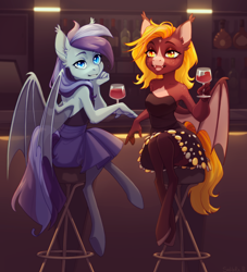 Size: 1774x1950 | Tagged: safe, artist:saharab, oc, oc only, oc:fire glow, oc:mirage d'or argenta, anthro, bat pony, unguligrade anthro, adorasexy, alcohol, anthro oc, bar, barstool, bat pony oc, bat wings, beautiful, blaze (coat marking), blonde, body freckles, clothes, cute, cute little fangs, dress, duo, ear fluff, ear tuft, evening dress, eyelashes, eyeshadow, fangs, female, freckles, glass, looking at you, makeup, mare, membranous wings, ocbetes, pale belly, sexy, shoulder freckles, sitting, slit eyes, smiling, socks, stockings, strapless, thigh highs, wine, wine glass, wings