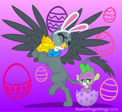 Size: 1280x1183 | Tagged: safe, artist:efernothedragon, artist:nightdragon09, artist:shadowdragonking9, gabby, spike, dragon, griffon, bow, bowtie, cute, easter, easter bunny, easter egg, female, gabbybetes, holiday, male, shipping, spabby, straight