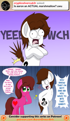 Size: 1769x3072 | Tagged: safe, artist:aarondrawsarts, oc, oc:brain teaser, oc:rose bloom, earth pony, ask, ask brain teaser, biting, brainbloom, butt bite, literal butthurt, ouch, pain, tumblr