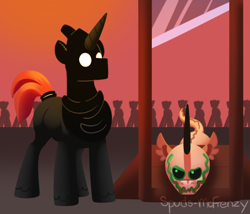 Size: 756x648 | Tagged: safe, artist:spudsmcfrenzy, oc, oc only, pony, unicorn, comic:skinwalker, execution, executioner, guillotine, imminent death, imminent decapitation, inkieverse, male, monster, skinwalker