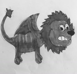 Size: 1280x1224 | Tagged: safe, artist:whistle blossom, manny roar, manticore, black and white, cuphead, grayscale, male, monochrome, old timey, simple background, solo, style emulation, traditional art, white background