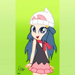 Size: 1080x1080 | Tagged: safe, artist:rjp.rammy, equestria girls, barely pony related, beanie, bracelet, clothes, crossover, dawn, dawn (pokémon), equestria girls-ified, female, hat, jewelry, open mouth, pokémon, scarf, skirt, solo, style emulation