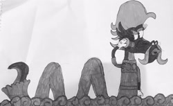 Size: 640x391 | Tagged: safe, artist:whistle blossom, steven magnet, sea serpent, black and white, clothes, crossdressing, cuphead, dress, femboy, gloves, grayscale, implied bra, lipstick, looking at you, male, monochrome, old timey, perfume, simple background, solo, style emulation, traditional art, white background
