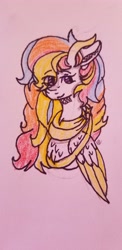 Size: 1960x4032 | Tagged: safe, artist:itsnatcherx, oc, oc:rainbow dreams, pegasus, pony, bust, chest fluff, eye clipping through hair, female, horn, multicolored hair, rainbow hair, ribbon, two toned wings, wings