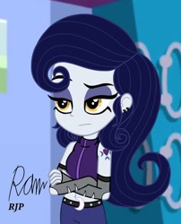 Size: 850x1050 | Tagged: safe, artist:rjp.rammy, moonlight raven, equestria girls, belly button, belt, clothes, cutie mark tattoo, ear piercing, earring, equestria girls-ified, evening gloves, eyeshadow, female, gloves, goth, jacket, jeans, jewelry, long gloves, makeup, midriff, pants, piercing, sleeveless, solo, tattoo, unamused