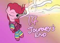 Size: 1474x1061 | Tagged: safe, artist:vultraz, derpibooru import, pinkie pie, earth pony, pony, clothes, female, gradient background, looking at you, one eye closed, skirt, socks, solo, terraria, text, wink