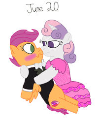 Size: 1280x1612 | Tagged: safe, artist:horroraceman93, scootaloo, sweetie belle, blushing, clothes, dress, female, lesbian, pride month, scootabelle, shipping, simple background, transparent background, tuxedo