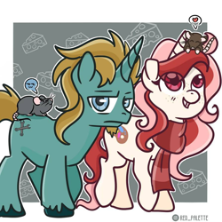 Size: 894x894 | Tagged: safe, artist:redpalette, oc, oc:javert, oc:red palette, rat, unicorn, clothes, couple, cute, female, male, mare, pet, scarf, scowl, smiling, stallion, walking