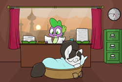 Size: 3000x2000 | Tagged: safe, artist:moonatik, part of a set, raven, spike, dragon, pony, unicorn, basket, clock, commission, curtains, desk, female, filing cabinet, glasses, male, mare, office, paper, pen, ravenspike, shipping, sleeping, straight, sunset