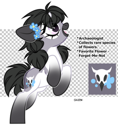 Size: 2528x2664 | Tagged: safe, artist:shelin_arts, forget me not, oc, oc only, earth pony, colored ears, colored muzzle, eye clipping through hair, female, flower, hair tie, mare, open mouth, pigtails, signature, smiling, solo, unnamed oc