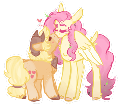 Size: 1524x1303 | Tagged: safe, artist:bubaiuv, derpibooru import, applejack, fluttershy, earth pony, pegasus, pony, appleshy, eyes closed, female, heart, kissing, lesbian, mare, outline, shipping, simple background, size difference, transparent background, white outline