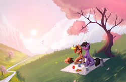 Size: 3500x2263 | Tagged: safe, artist:vincher, oc, oc only, earth pony, unicorn, apple, basket, female, food, male, picnic basket, picnic blanket, romantic, scenery, thermos, tree