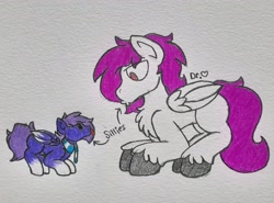 Size: 2659x1969 | Tagged: safe, artist:drheartdoodles, oc, oc:dr.heart, oc:infinatus, pegasus, .3., :p, chest fluff, clothes, clydesdale, coloring, scarf, size difference, tongue out, traditional art, •3•