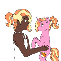 Size: 1000x1000 | Tagged: safe, artist:icey-wicey-1517, artist:xsugarxwolfiex, color edit, edit, luster dawn, human, pony, unicorn, collaboration, alternate hairstyle, clothes, colored, confused, dark skin, duality, female, holding a pony, human ponidox, humanized, mare, nail polish, self paradox, self ponidox, simple background, tanktop, transparent background