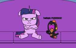 Size: 1246x782 | Tagged: safe, artist:logan jones, derpibooru import, twilight sparkle, unicorn twilight, oc, oc:black spike, dragon, unicorn, annoyed, begging, crossed hooves, floppy ears, not spike, pleading, sitting, sofa, supermariologan