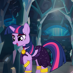 Size: 1400x1400 | Tagged: safe, artist:katya, artist:xpesifeindx, derpibooru import, twilight sparkle, unicorn, clothes, dress, evil, mirror universe, solo