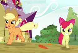 Size: 380x258 | Tagged: safe, derpibooru import, screencap, apple bloom, applejack, earth pony, pony, going to seed, adorabloom, apple sisters, cropped, cute, duo, galloping, jackabetes, siblings, sisters, smiling, sweet apple acres
