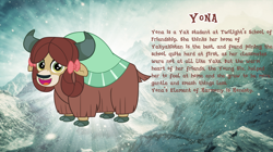 Size: 1280x719 | Tagged: safe, artist:andoanimalia, yona, yak, bio, bow, cloven hooves, cute, female, hair bow, looking at you, monkey swings, mountain, smiling, story included, yonadorable