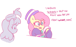 Size: 728x450 | Tagged: safe, artist:thepiday, derpibooru import, fluttershy, pinot noir, shiraz, silver berry, pegasus, pony, fake it 'til you make it, alternate hairstyle, dialogue, duo, female, glasses, hat, hipstershy, magazine, mare, open mouth, scene interpretation, simple background, white background