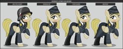 Size: 1280x512 | Tagged: safe, artist:brony-works, oc, oc only, earth pony, pony, boots, clothes, earth pony oc, eyelashes, female, hat, helmet, luftwaffe, mare, nazi germany, raised hoof, reference sheet, shoes, smiling, solo, uniform, world war ii