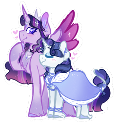 Size: 1600x1656 | Tagged: safe, artist:bubaiuv, derpibooru import, rarity, twilight sparkle, twilight sparkle (alicorn), alicorn, pony, unicorn, blushing, cloak, clothes, female, heart, lesbian, mare, outline, rarilight, shipping, simple background, size difference, transparent background, white outline