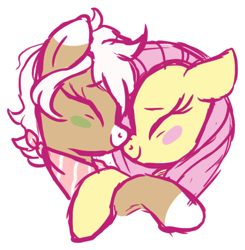 Size: 606x619 | Tagged: safe, artist:skulifuck, derpibooru import, fluttershy, oc, oc:bloom, pegasus, pony, blush sticker, blushing, bust, canon x oc, colored hooves, eyelashes, eyes closed, female, hug, lesbian, neckerchief, simple background, smiling, white background