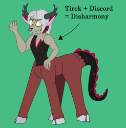 Size: 1852x1880 | Tagged: safe, artist:everythingf4ngirl, oc, oc:disharmony, hybrid, cloven hooves, green background, interspecies offspring, magical gay spawn, male, nose piercing, nose ring, offspring, parent:discord, parent:lord tirek, parents:tirekcord, piercing, simple background, solo