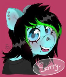 Size: 960x1104 | Tagged: safe, artist:joonyash, oc, oc only, oc:scene chick, earth pony, pony, bust, clothes, commission, crying, dyed mane, ear piercing, earring, female, jewelry, looking at you, mare, nose piercing, open mouth, piercing, pink background, shirt, signature, simple background, snake bites, solo, speech bubble, t-shirt, ych result