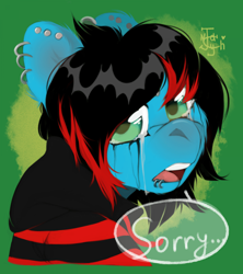 Size: 960x1080 | Tagged: safe, artist:joonyash, oc, oc only, oc:emo lad, earth pony, pony, bust, clothes, commission, crying, dyed mane, ear piercing, earring, green background, hoodie, jewelry, lip piercing, looking at you, male, open mouth, piercing, sad, signature, simple background, solo, speech bubble, stallion, ych result