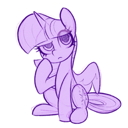 Size: 1698x1698 | Tagged: safe, artist:dawnfire, derpibooru import, twilight sparkle, twilight sparkle (alicorn), alicorn, pony, cute, eye clipping through hair, female, frown, looking up, mare, monochrome, simple background, sitting, sketch, solo, spread wings, thinking, twiabetes, white background, wings