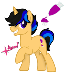 Size: 600x655 | Tagged: safe, artist:pony spark team, oc, pony, unicorn, cupcake, cutie mark, food, looking at you, male, simple background, smiling, solo, standing, white background