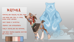 Size: 1920x1080 | Tagged: safe, artist:skuld3, oc, oc only, oc:matoka, bear, earth pony, pony, clothes, coat markings, ear piercing, earring, feather, female, jewelry, mare, native american, necklace, piercing, reference sheet, robe, solo, spirit, spirit animal, tattoo, text, tooth, tribal