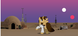 Size: 7744x3600 | Tagged: safe, artist:ejlightning007arts, oc, oc only, oc:ej, alicorn, a new hope, alicorn oc, binary sunset, boxes, clothes, crossover, hill, horn, looking up, luke skywalker, raised hoof, spread wings, star wars, sunset, two suns, wings