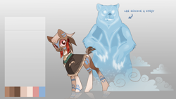 Size: 1920x1080 | Tagged: safe, alternate version, artist:skuld3, oc, oc only, oc:matoka, bear, earth pony, pony, clothes, coat markings, ear piercing, earring, feather, female, jewelry, mare, native american, necklace, piercing, reference sheet, robe, solo, spirit, spirit animal, tattoo, tooth, tribal