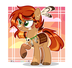 Size: 2060x1951 | Tagged: safe, artist:beautifulspaceshow, oc, oc only, oc:woohitike, bird, earth pony, pony, coat markings, ear piercing, earring, face paint, feather, female, jewelry, mare, multicolored hair, native american, necklace, piercing, raised hoof, skull, solo, tribal, unshorn fetlocks