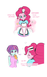 Size: 1000x1638 | Tagged: safe, artist:twilite-sparkleplz, pinkie pie, sunny flare, coinky-dink world, eqg summertime shorts, equestria girls, clothes, comic, cute, dialogue, diapinkes, drinking, female, hat, server pinkie pie, slushie, smiling, starry eyes, wingding eyes