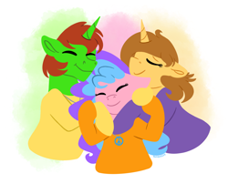 Size: 2560x2064 | Tagged: safe, artist:bellbell123, oc, oc:aspen, oc:bella pinksavage, oc:ryan, unicorn, bodysuit, brother and sister, caring, catsuit, eyes closed, family, female, group hug, heartwarming, hippie, horn, hug, jewelry, latex, latex suit, love, male, necklace, peace suit, peace symbol, rubber suit, sibling bonding, siblings, the peace family, unicorn oc