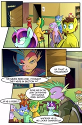 Size: 1280x1949 | Tagged: safe, artist:candyclumsy, spike, dragon, earth pony, griffon, pegasus, pony, unicorn, comic:revolution of harmony, bar, clothes, comic, female, male, mare, sitting