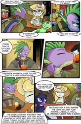 Size: 1280x1949 | Tagged: safe, artist:candyclumsy, spike, oc, dragon, earth pony, griffon, pegasus, pony, comic:revolution of harmony, alcohol, bar, clothes, comic, female, male, mare