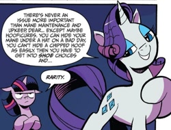 Size: 560x426 | Tagged: safe, artist:andypriceart, derpibooru import, idw, rarity, twilight sparkle, twilight sparkle (alicorn), alicorn, pony, unicorn, spoiler:comic, spoiler:comic75, lidded eyes, official comic