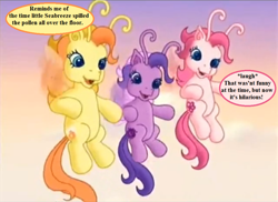 Size: 948x689 | Tagged: safe, edit, edited screencap, screencap, tiddlywink, tra-la-la, zipzee, breezie, g3, the princess promenade, cute, diabreezies, dialogue, diazipzees, implied seabreeze, misspelling, noodle incident, speech bubble