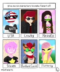 Size: 858x1024 | Tagged: safe, artist:alice91686113, derpibooru import, fluttershy, human, pegasus, pony, bust, chest fluff, clothes, countryhumans, crash bandicoot, crossover, eyes closed, female, goggles, good omens, grin, jewelry, kimetsu no yaiba, kimono (clothing), male, mare, meme, necklace, nezuko kamado, six fanarts, smiling, steven universe, sunglasses, united states, wings